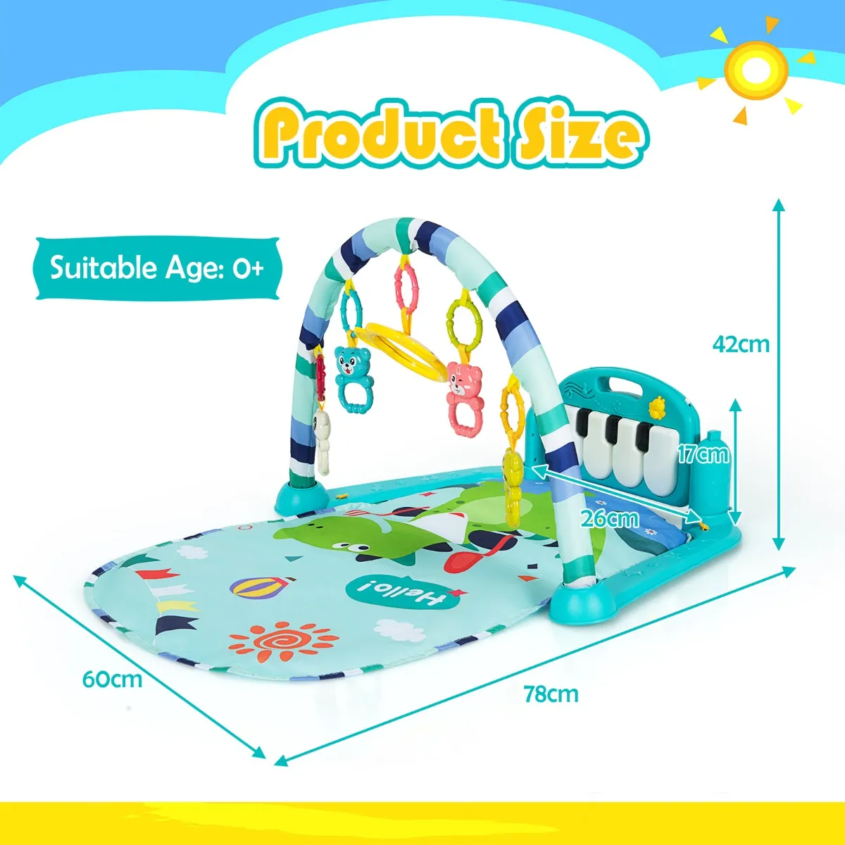 Baby gym speelmat kick & speel draaibaar piano activiteitscentrum met muziek lichtjes speeltjes 78 x 60 x 42 cm Blauw