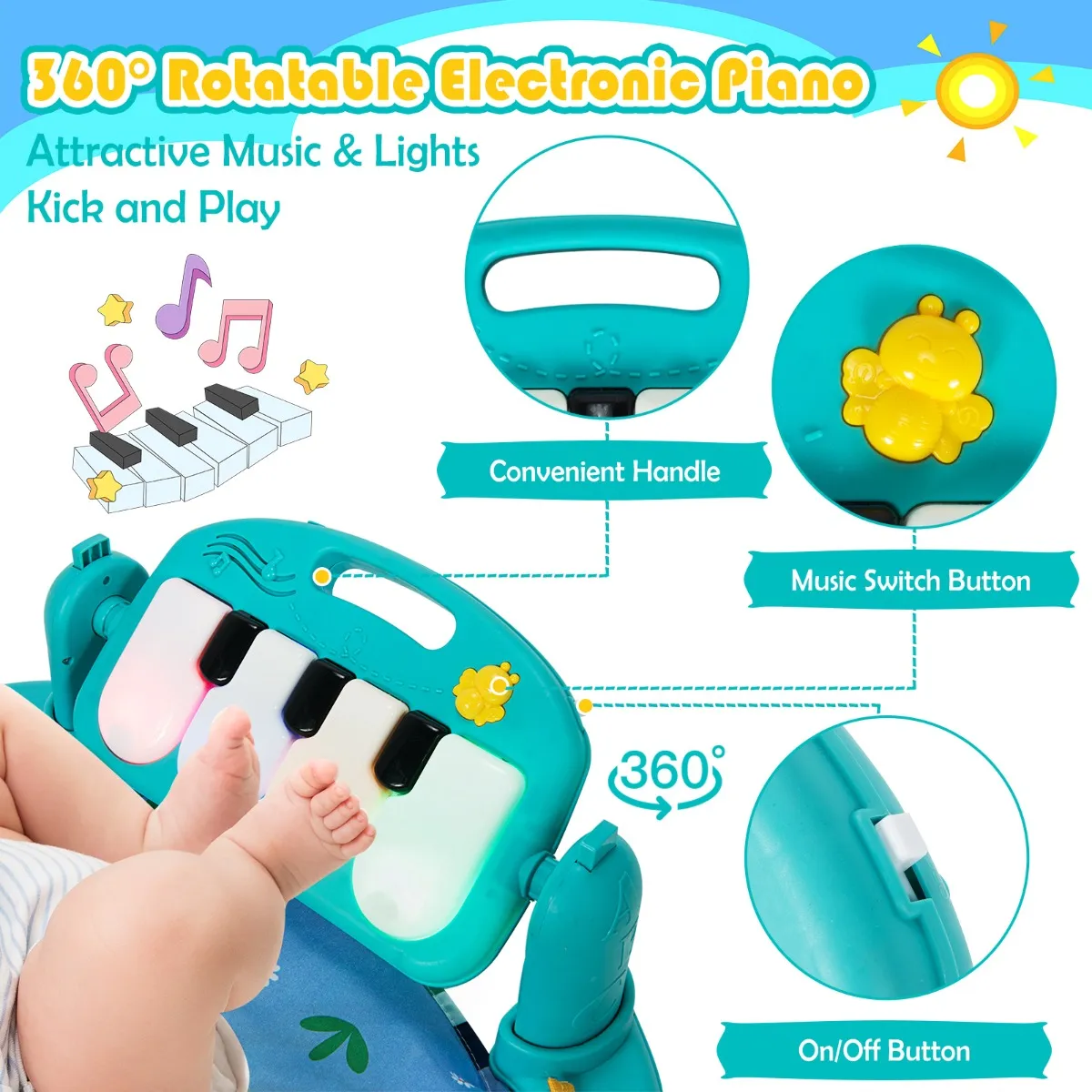 Baby gym speelmat kick & speel draaibaar piano activiteitscentrum met muziek lichtjes speeltjes 78 x 60 x 42 cm Blauw