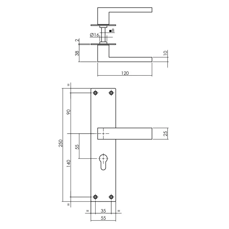 Intersteel Deurkruk Amsterdam met schild zwart 250x55x2mm profielcilindergat 55mm