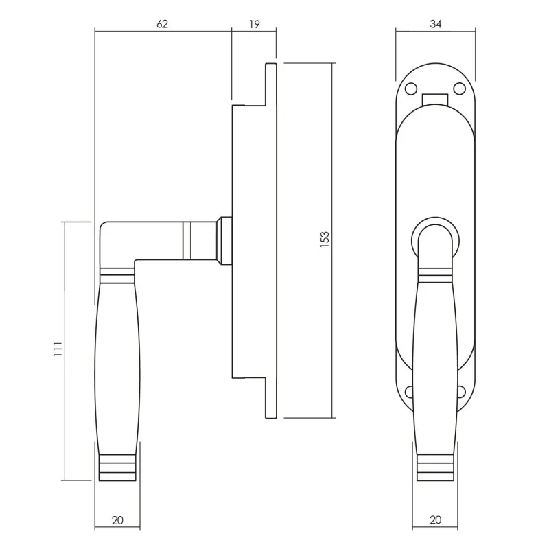 INTERSTEEL KRUKESPAGNOLET RECHTS TON 222 MESSING ONGELAKT /EBBENHOUT MET STANGENSET 2X 1250 MM