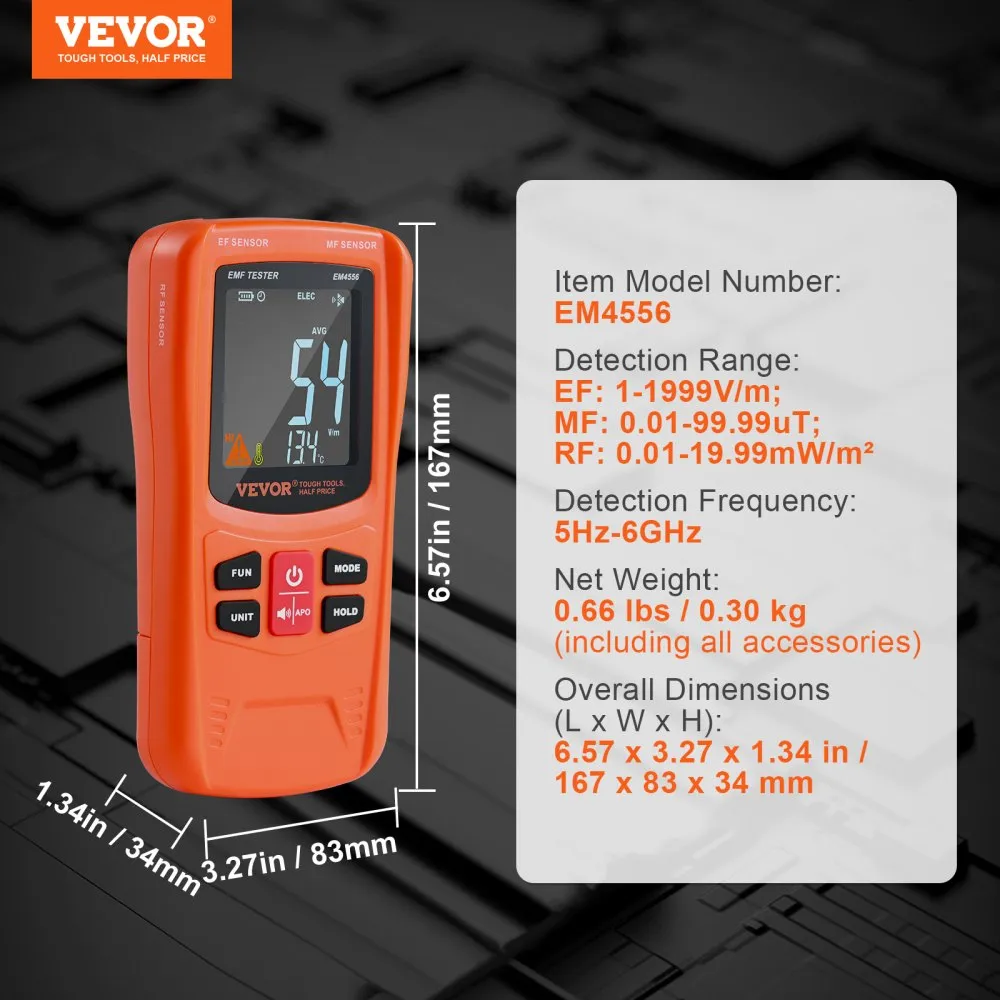 VEVOR 3IN1 EMFMETER 5HZ6GHZ DRAAGBARE OPLAADBARE ELEKTROMAGNETISCHE VELDSTRALINGSDETECTOR DIGITALE LCD EMFTESTER VOOR EF/MF
