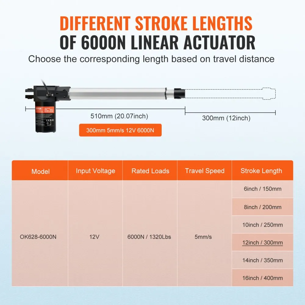 VEVOR 6000N Lineaire actuator DC 12V Lineaire aandrijving IP44 Elektrische lineaire motor 300 mm Slaglengte Geluidsniveau ≤ 50 d