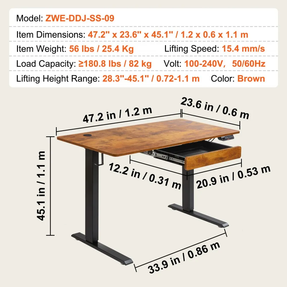 VEVOR BUREAU IN HOOGTE VERSTELBAAR ELEKTRISCH, 120 X 60 CM STABUREAU, 0,721,1 M VERSTELBARE GEHEUGENBEDIENING, STABUREAU GROO