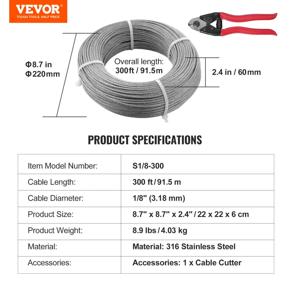 VEVOR draadkabel 91,5 mx 3,18 mm staalkabel roestvrij staalkabel 7x7 patroon roestvrij staaldraad roestvrij staal 316 trellisdra