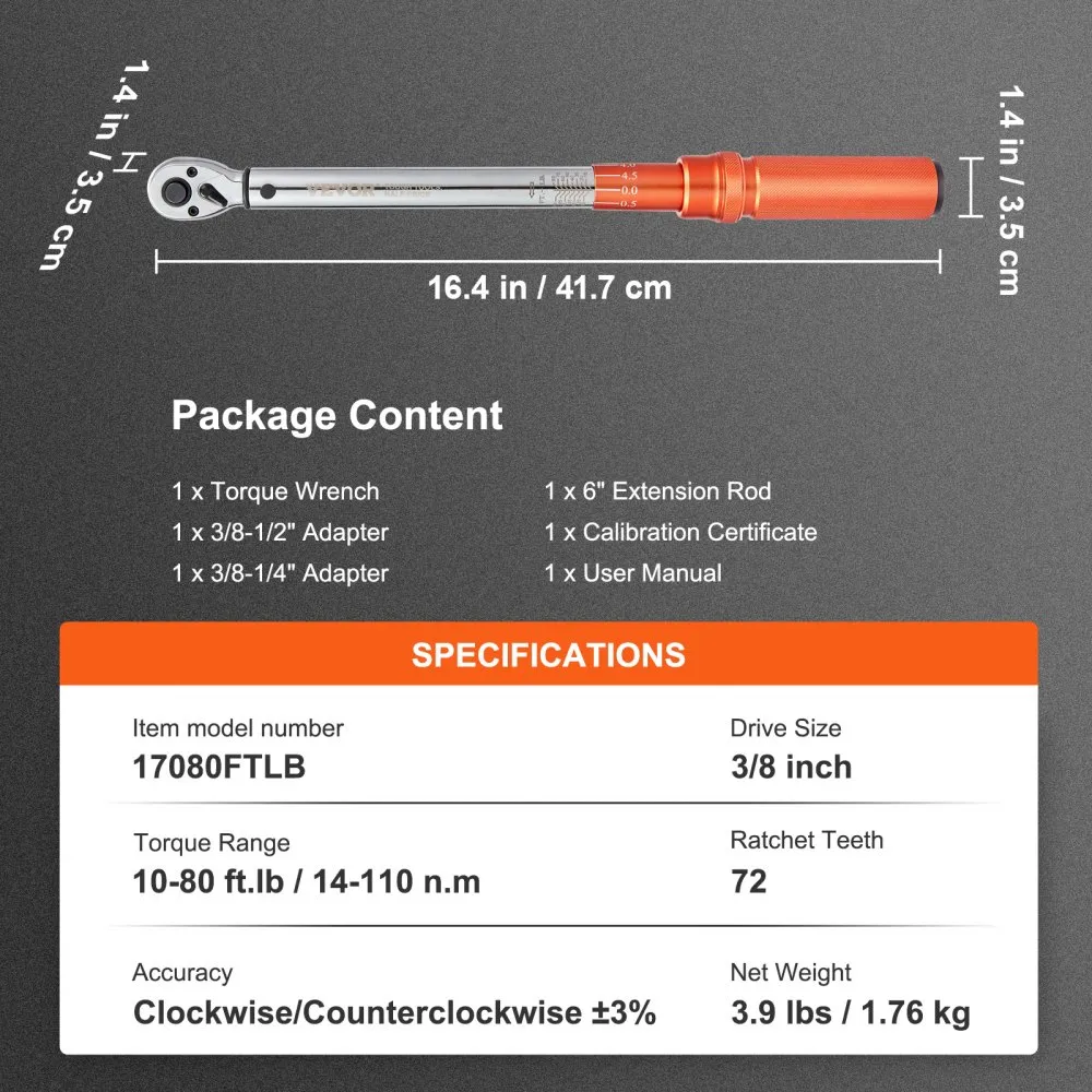 VEVOR MOMENTSLEUTEL 3/8", 14110NM MOMENTSLEUTEL FIETS & MOTOR SET, ± 3% FOUTNAUWKEURIGHEID MET 2 VERLENGSTANGEN 152.4M