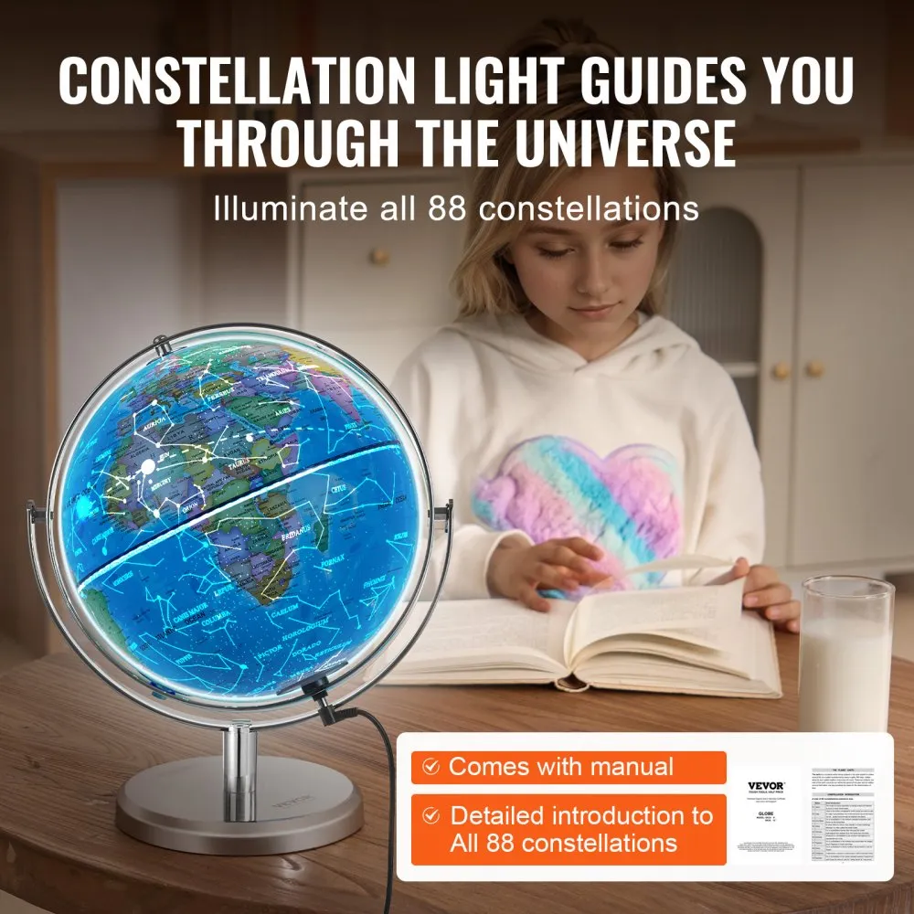 VEVOR VERLICHTE WERELDBOL 228,6 MM EDUCATIEVE AARDBOL MET STEVIGE ZWARE METALEN VOET EN LEDCONSTELLATIENACHTLAMPJE HDGEPRINTE